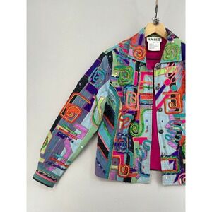 ANAGE Womens' Patchwork Art Jacket Multi Color Embroidered Button Front Sz S